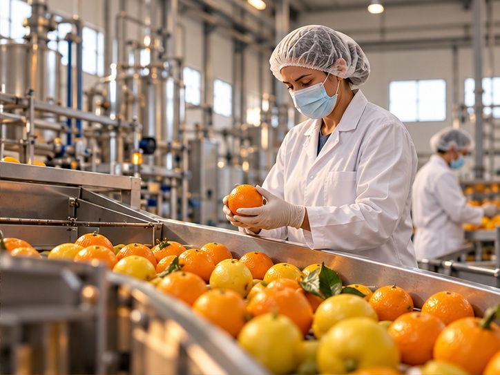 Persone, frutta e lavorazione.